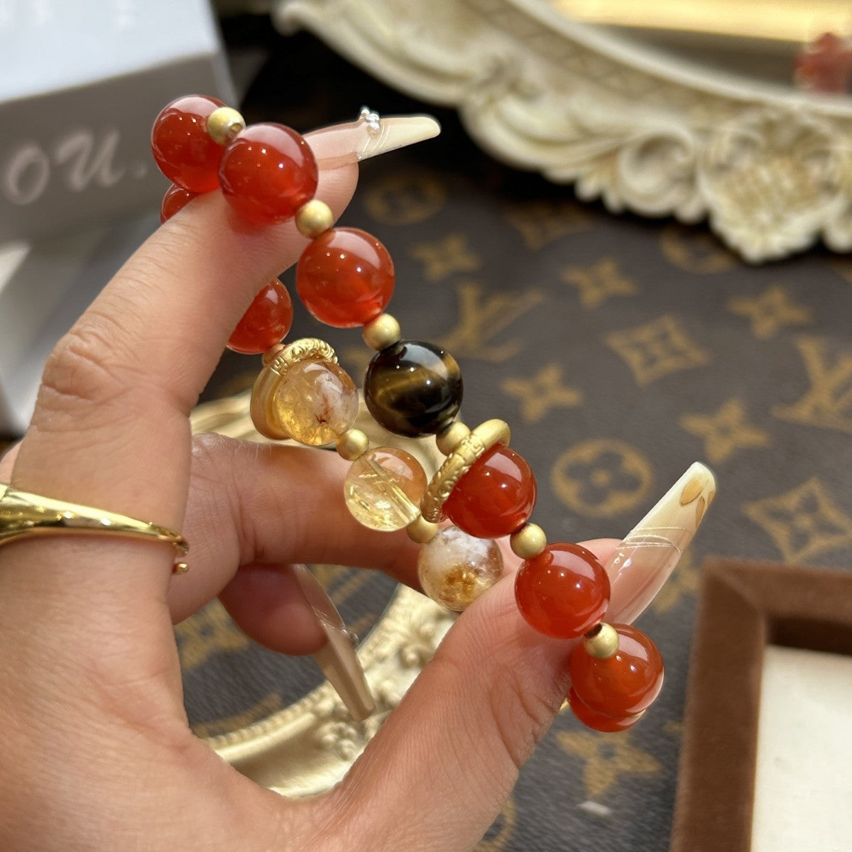 10mm Red Agate Citrine Tower Crystal Bracelet | Healing Energy Zodiac Jewelry