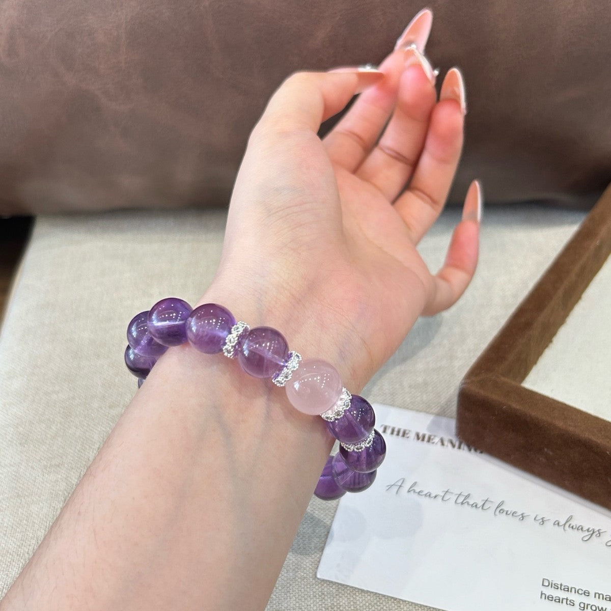 Natural Amethyst & Pink Crystal Bead Bracelet - Large Grain