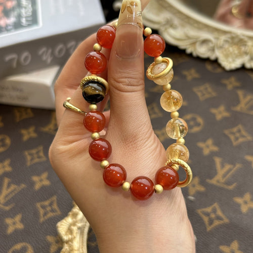 10mm Red Agate Citrine Tower Crystal Bracelet | Healing Energy Zodiac Jewelry