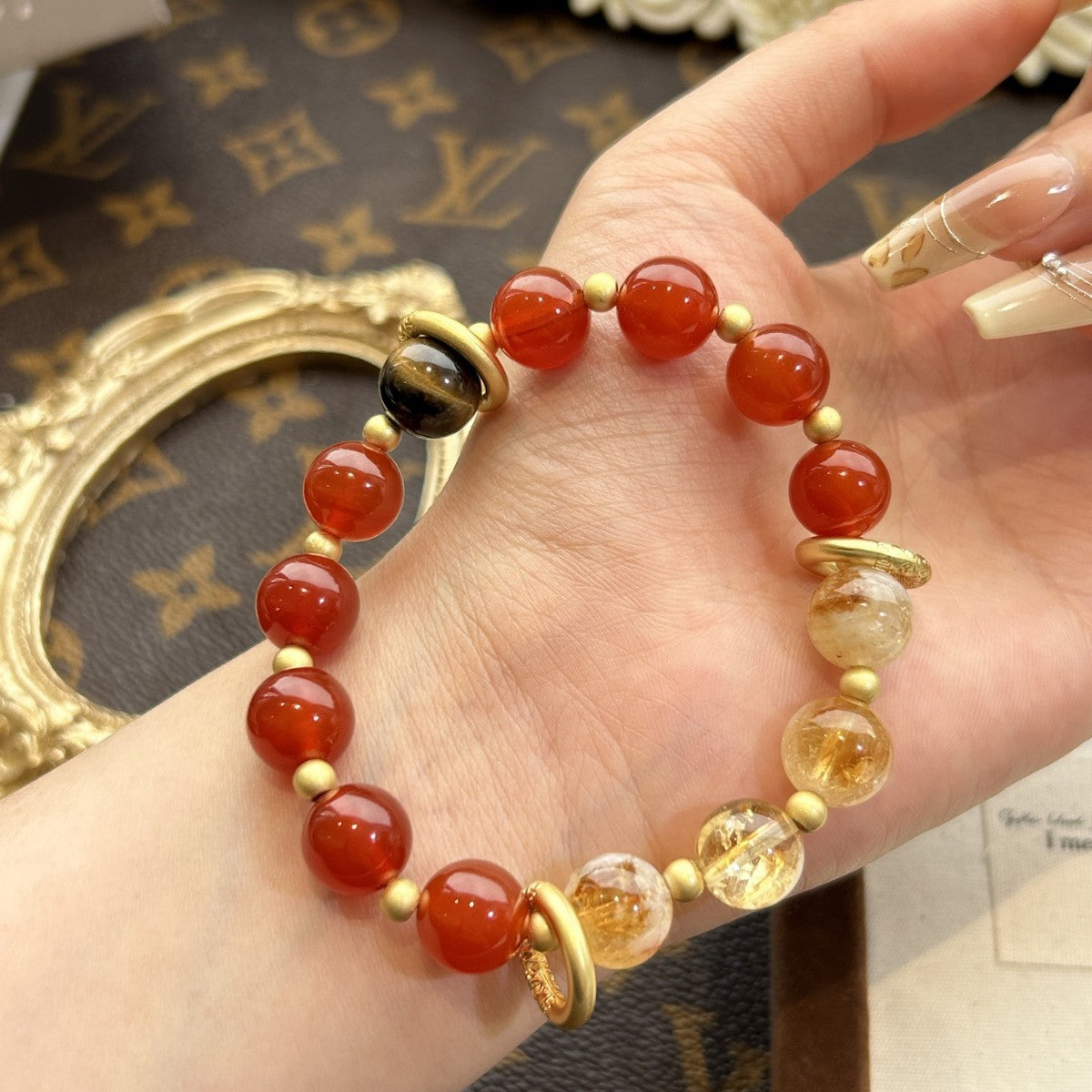 10mm Red Agate Citrine Tower Crystal Bracelet | Healing Energy Zodiac Jewelry