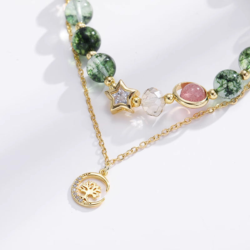 Green Phantom Strawberry Quartz Bracelet with Paper Crane Charm - Lucky Gift for Her