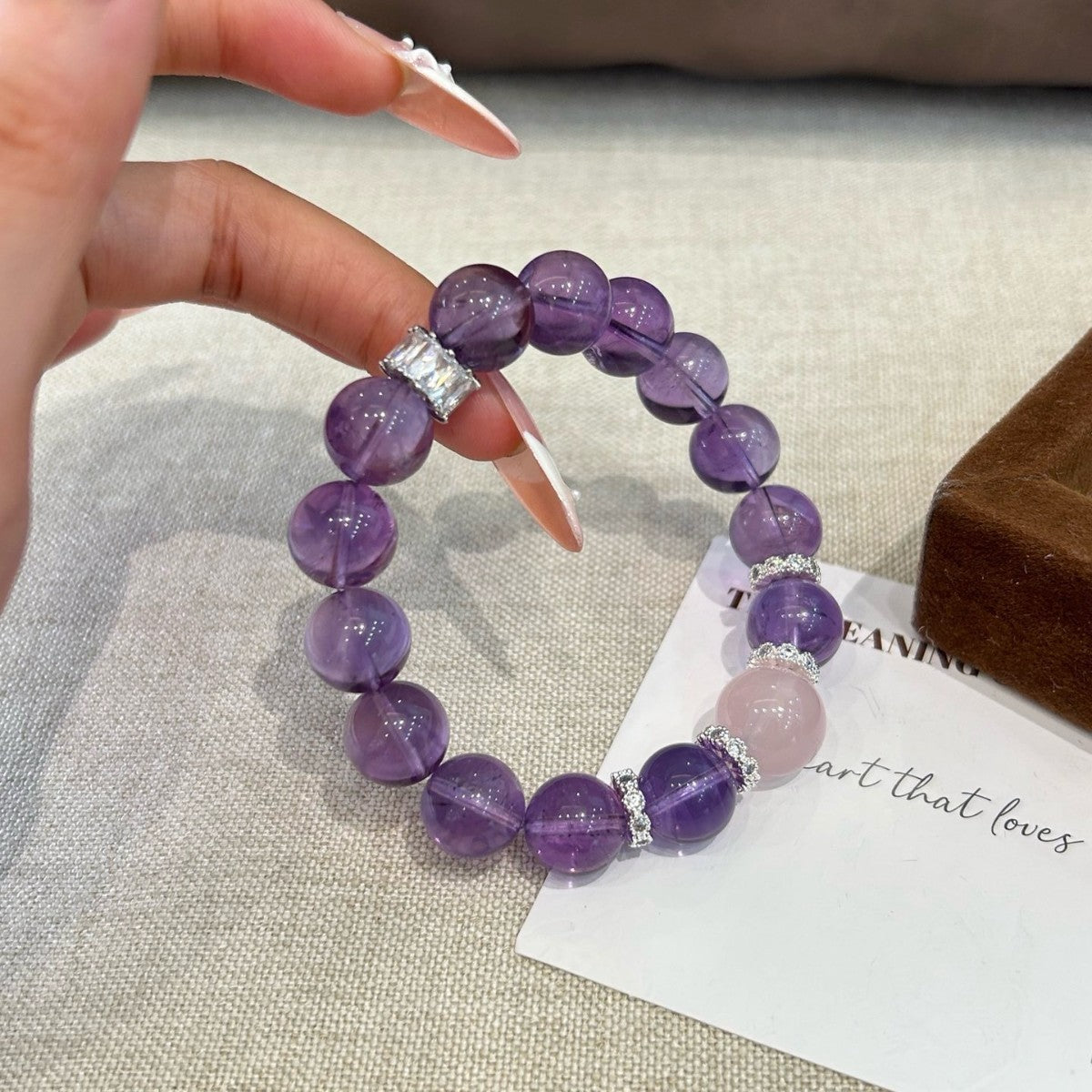 Natural Amethyst & Pink Crystal Bead Bracelet - Large Grain