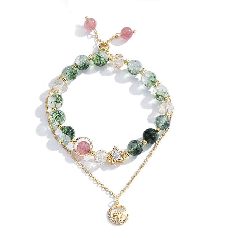Green Phantom Strawberry Quartz Bracelet with Paper Crane Charm - Lucky Gift for Her