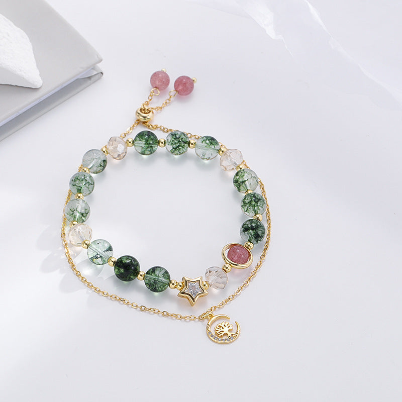 Green Phantom Strawberry Quartz Bracelet with Paper Crane Charm - Lucky Gift for Her