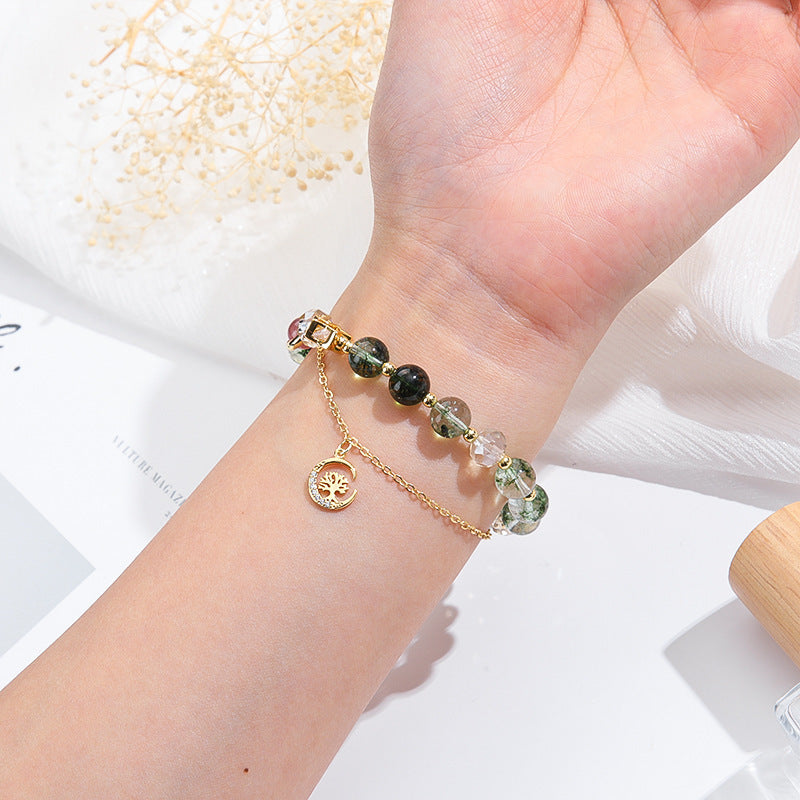 Green Phantom Strawberry Quartz Bracelet with Paper Crane Charm - Lucky Gift for Her