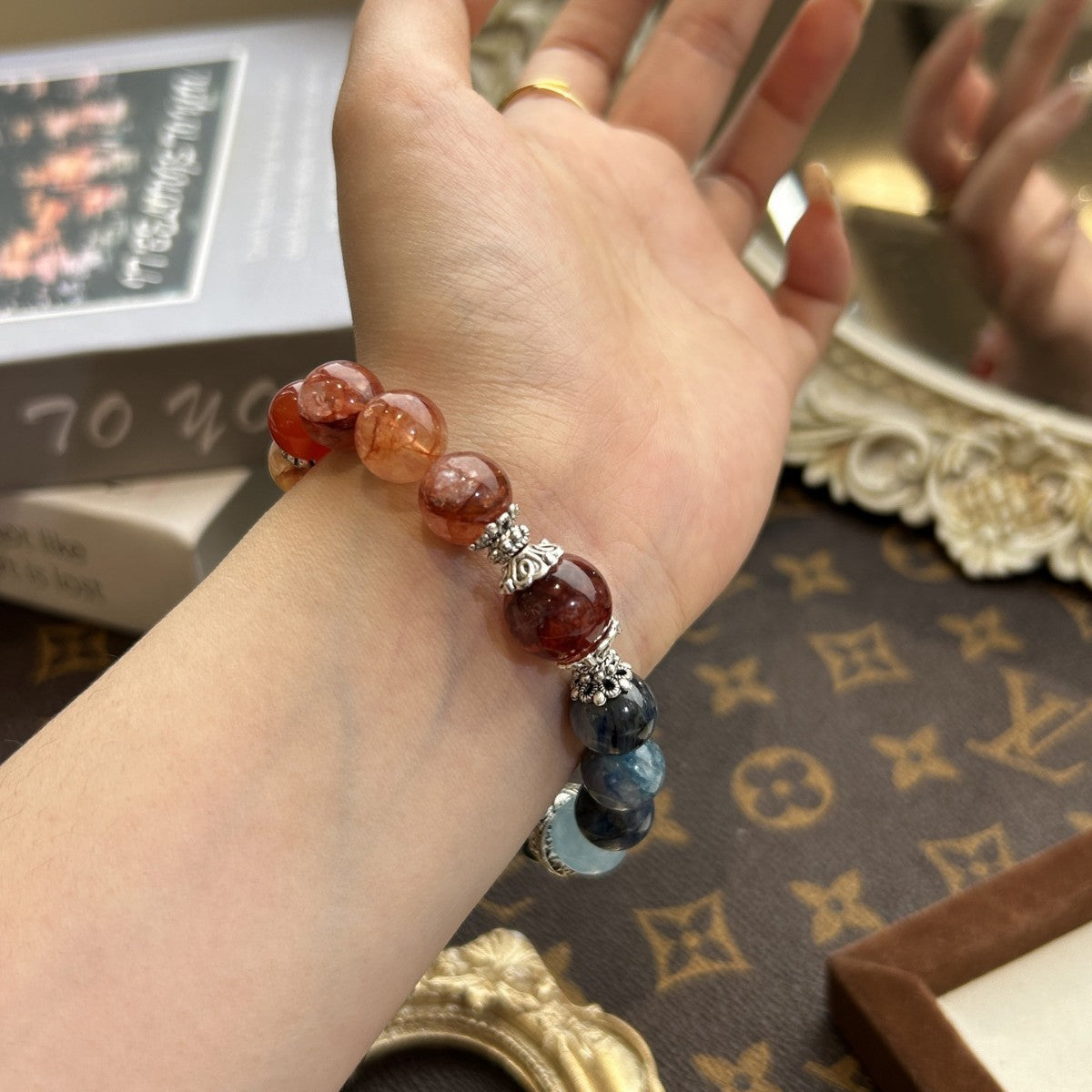 Natural Red Gum Flower & Kyanite Crystal Bracelet
