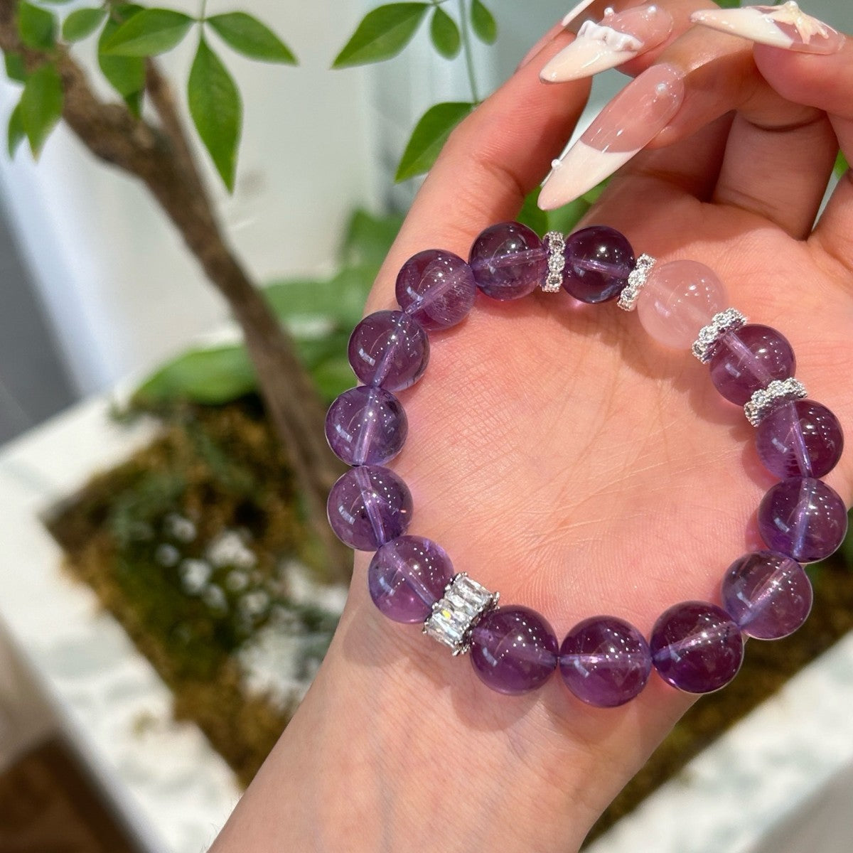 Natural Amethyst & Pink Crystal Bead Bracelet - Large Grain
