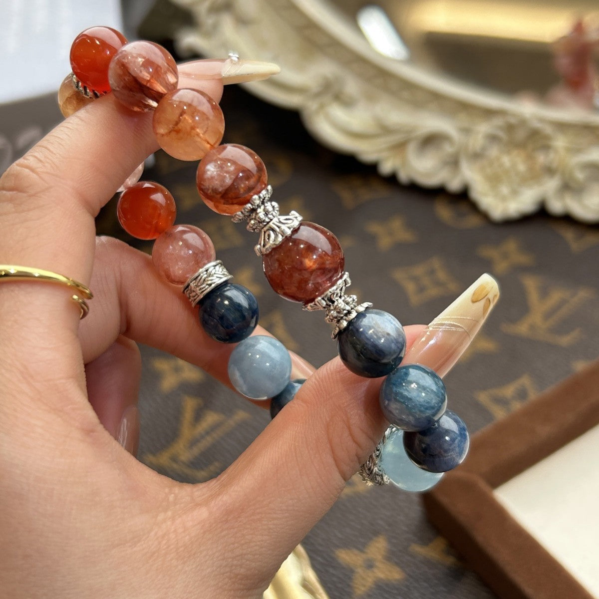 Natural Red Gum Flower & Kyanite Crystal Bracelet