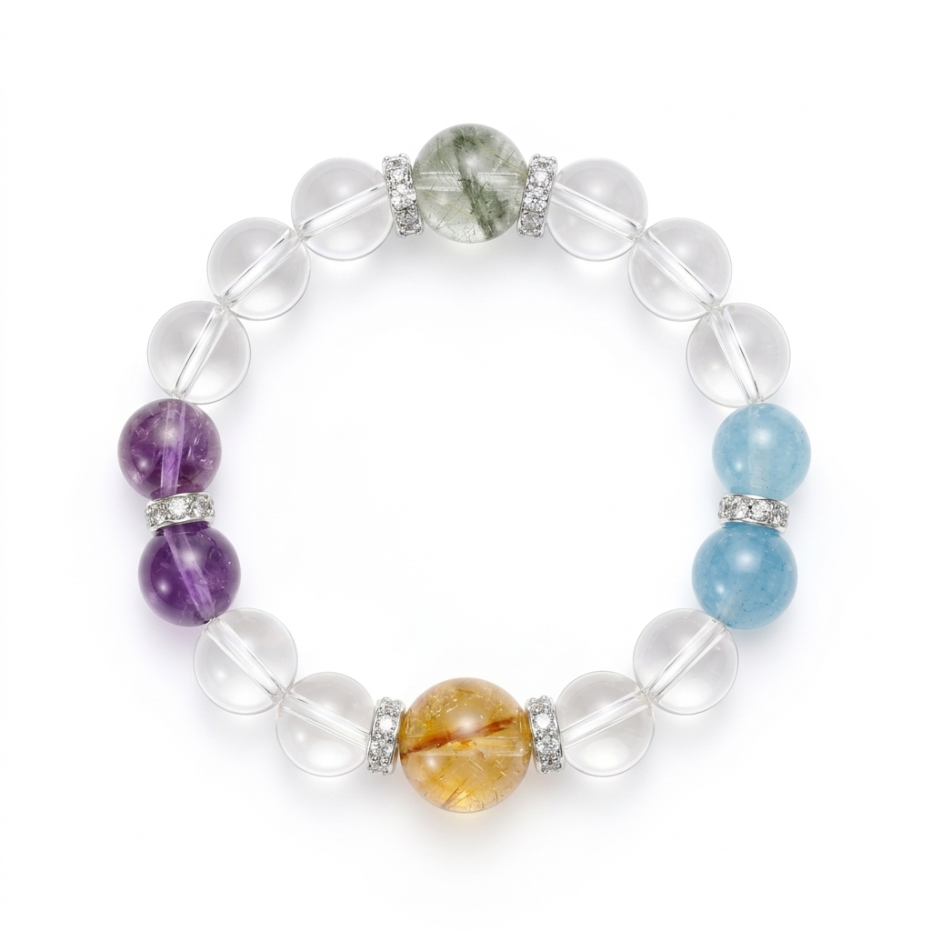 Dewery Clear Quartz & Amethyst Aquamarine Bracelet - Dainty Crystal Stack