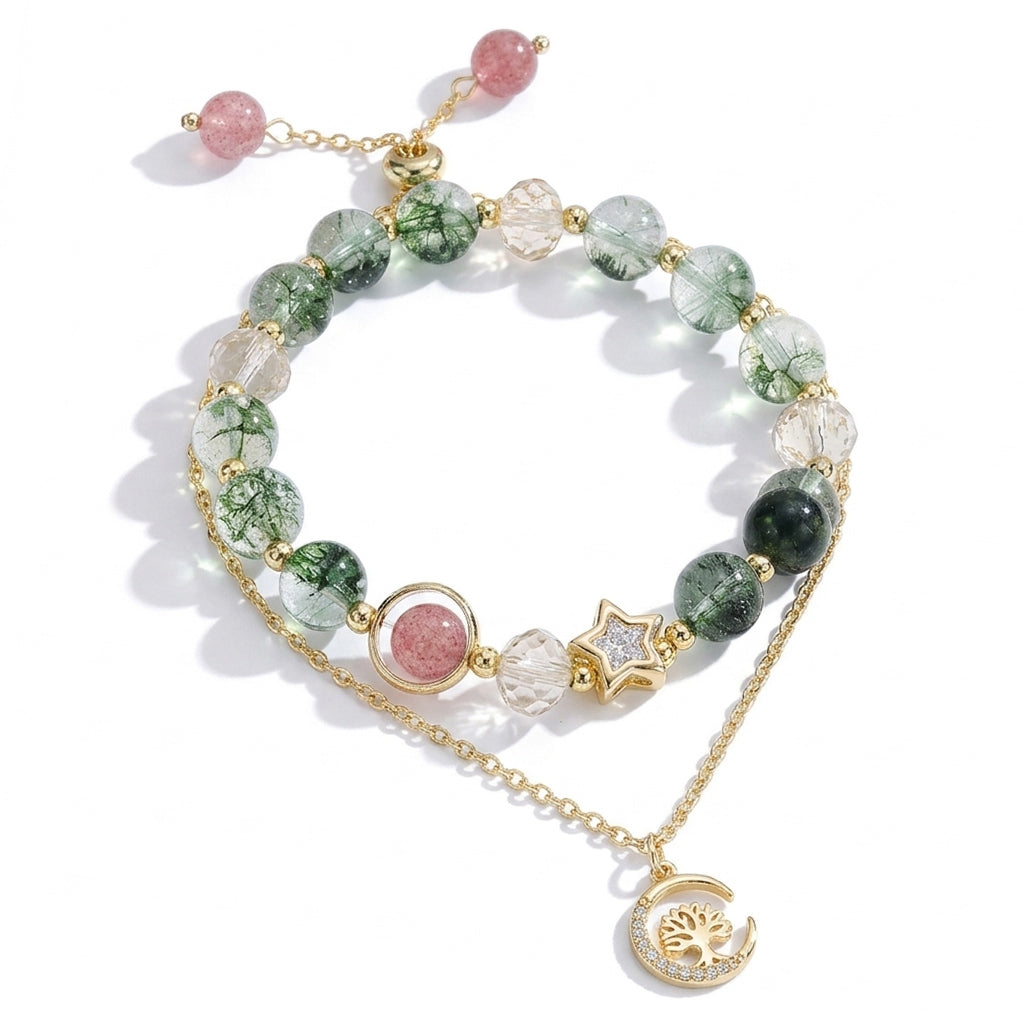 Green Phantom Strawberry Quartz Bracelet with Paper Crane Charm - Lucky Gift for Her