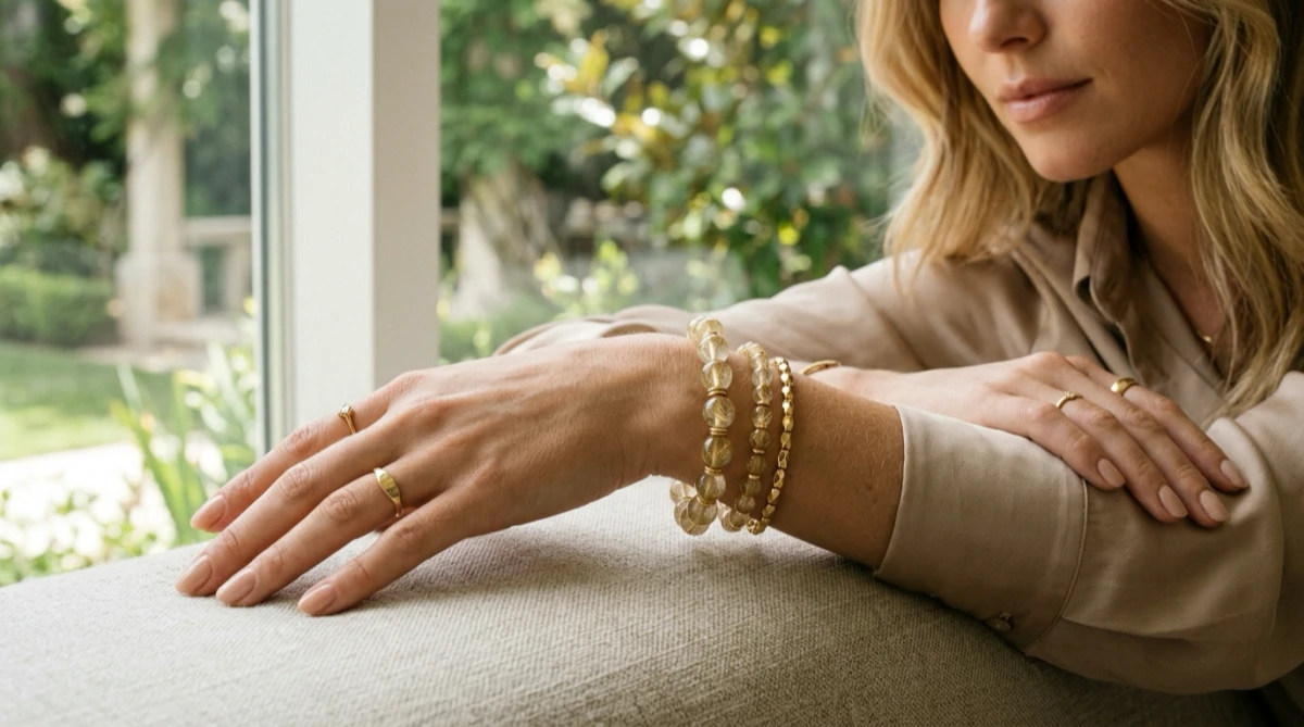 Home Jewellery 57 A luxury editorial showcase of gold crystal bracelets featuring high-grade rutilated quartz beads on a model's wrist under diffused natural sunlight.