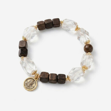 An agarwood clear quartz bracelet showcasing dark brown fragrant wood cubes, asymmetrical polished rock crystal elements, and a silver