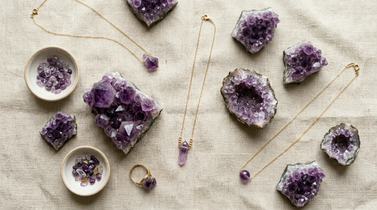 A collection of hand-forged minimalist crystal necklaces and raw minerals, showcasing luxury gemstone gifts.