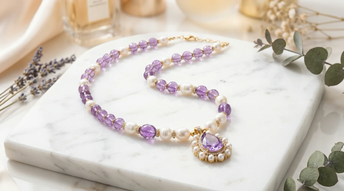 A minimalist solid gold necklace featuring raw rose quartz, curated as one of the most meaningful crystals for mothers.
