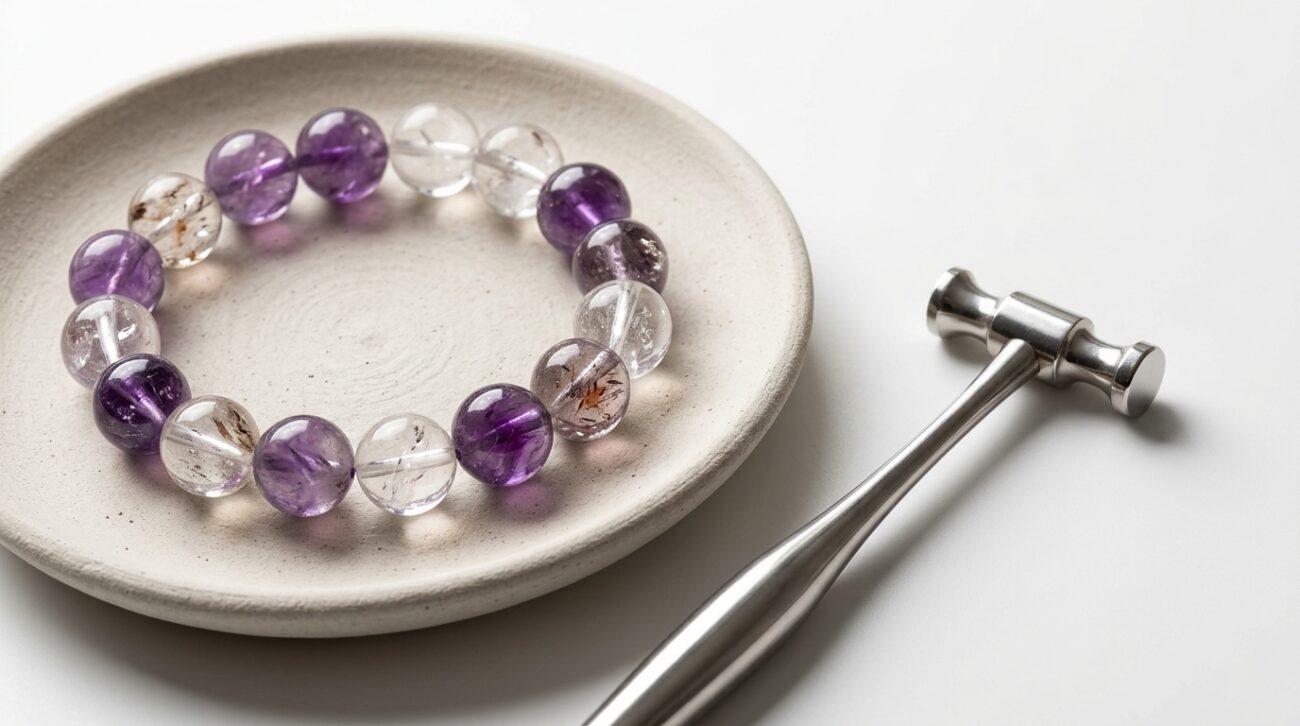 A detailed macro studio shot highlighting genuine amethyst and clear quartz beads alongside a delicate metalsmithing hammer, emphasizing the importance of verified material parameters and proper Crystal Bracelet Care.