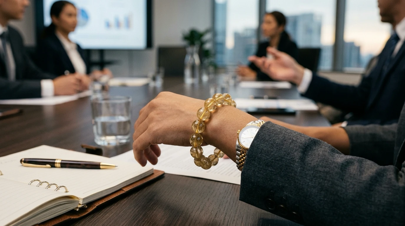 Home Jewellery 56 An executive lifestyle banner showing premium career crystals featuring a flawless gold rutilated quartz bracelet on a professional's wrist during a corporate meeting