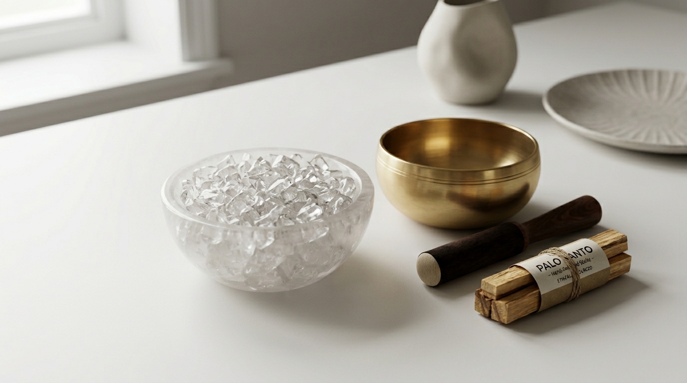 A minimalist crystal cleansing bowl filled with natural clear quartz chips, illustrating the proper techniques for cleansing your crystal bracelets alongside a brass singing bowl on a clean white background.