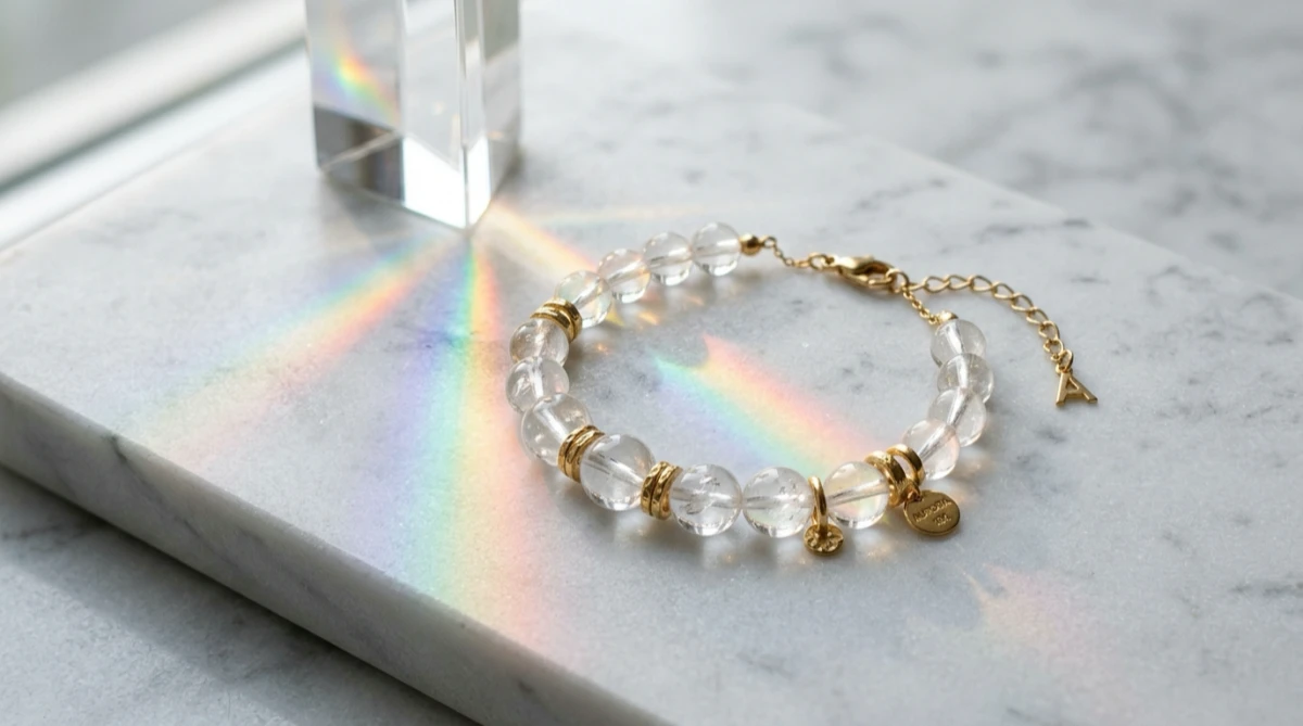 A macro editorial shot of a minimalist gold and clear quartz bracelet on honed marble, designed to help clients choose which wrist to wear crystal bracelet selections on.
