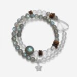 Handcrafted double-layer crystal bracelet by Dewery featuring grey moonstone beads, natural agarwood accents, and a clear quartz star charm on a white background.
