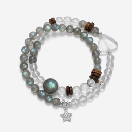 Handcrafted double-layer crystal bracelet by Dewery featuring grey moonstone beads, natural agarwood accents, and a clear quartz star charm on a white background.