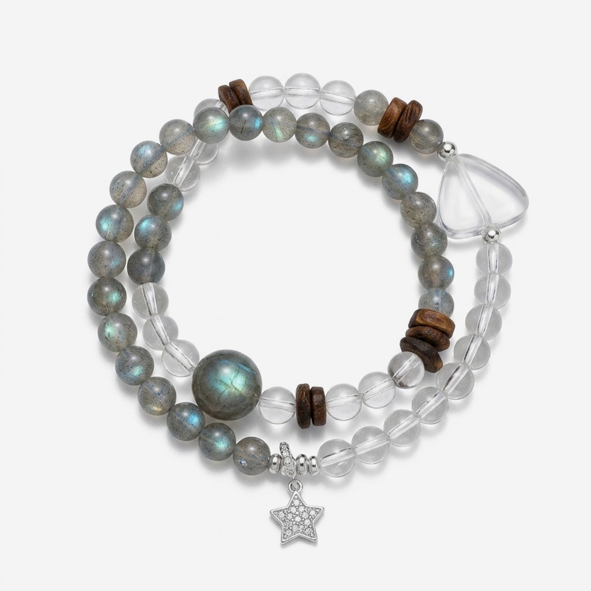 Double-Layer Crystal Bracelet Handcrafted double-layer crystal bracelet by Dewery featuring grey moonstone beads, natural agarwood accents, and a clear quartz star charm on a white background.
