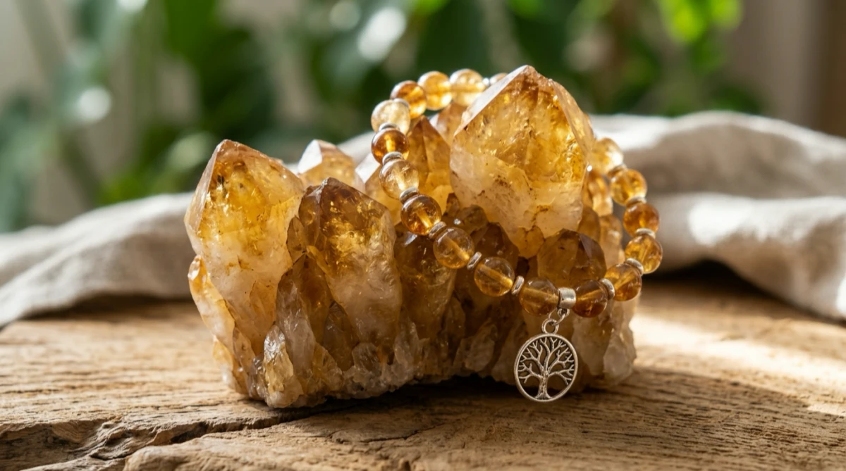 A beautiful gold crystal bracelet made of natural stones for wealth manifestation