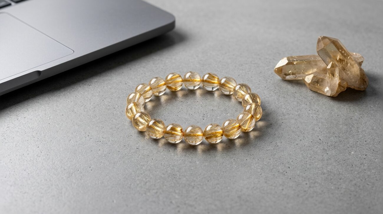A natural Gold Rutilated Quartz bracelet for career success, integrating the focus keyword Gold Rutilated Quartz in a minimalist studio design on a pure white background.