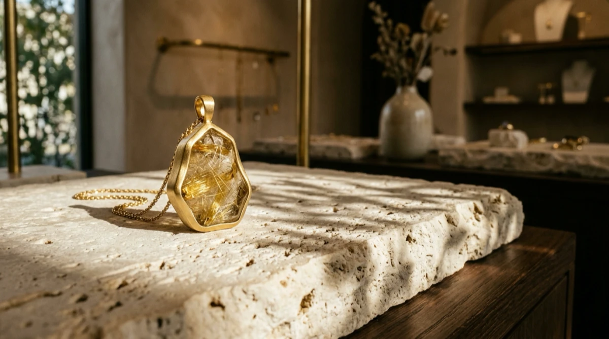 An architectural gold rutilated quartz pendant on ivory travertine, showcasing gold crystal jewelry styled for earth-toned outfits.