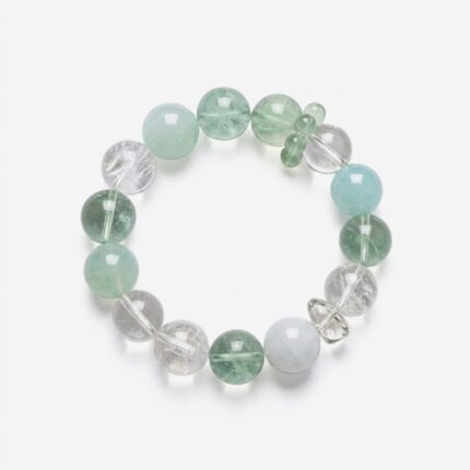 Natural Green Fluorite and Aquamarine bracelet for Heart Chakra healing by Dewery, featuring 14mm translucent crystal gemstone beads and a unique Snowflake Phantom Quartz structure.