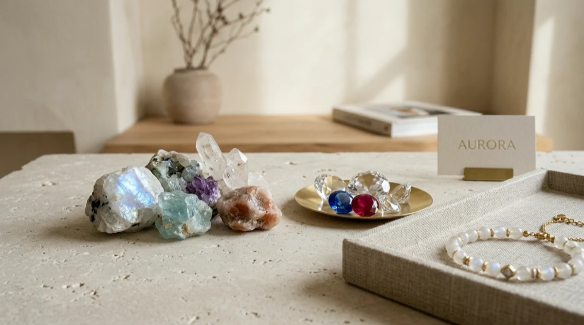 Real vs fake crystals comparison featuring authentic natural crystals and glass imitation stones in a luxury jewelry studio
