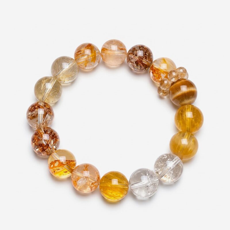 Premium natural tiger eye bracelet by Dewery displaying 12mm round yellow minerals, a golden foil quartz bead, and clear crystals.