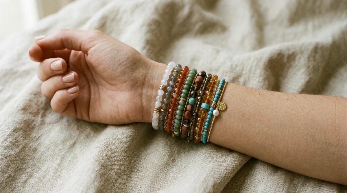 A model wearing fine minimalist gemstone bracelets against rich terracotta linen, demonstrating tonal styling with gold crystal jewelry.