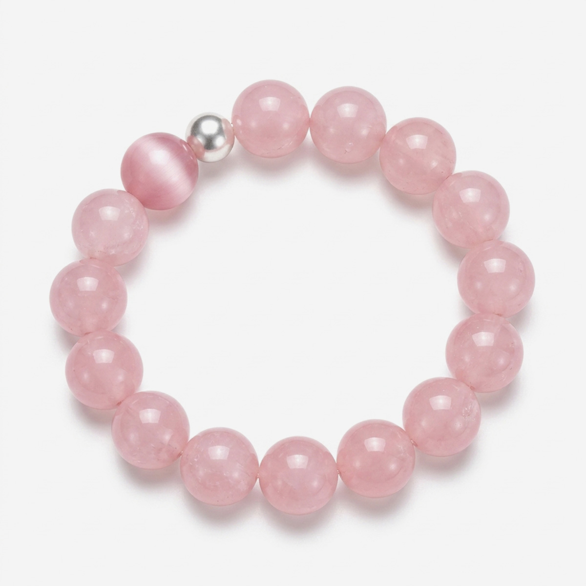 Home Jewellery 52 Authentic natural pink crystal bracelet by Dewery featuring 12mm translucent rose quartz beads, a chatoyant cat eye stone, and a silver-toned pearl on a clean white background.