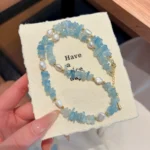 Aquamarine Chips Necklace: Freshwater Pearl Choker - Image 4