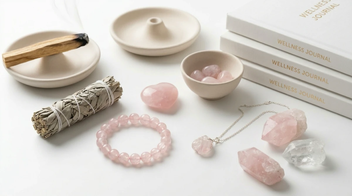A genuine natural pink crystal bracelet, exploring Rose Quartz meanings with a minimalist and clean studio photography style, pure white background.