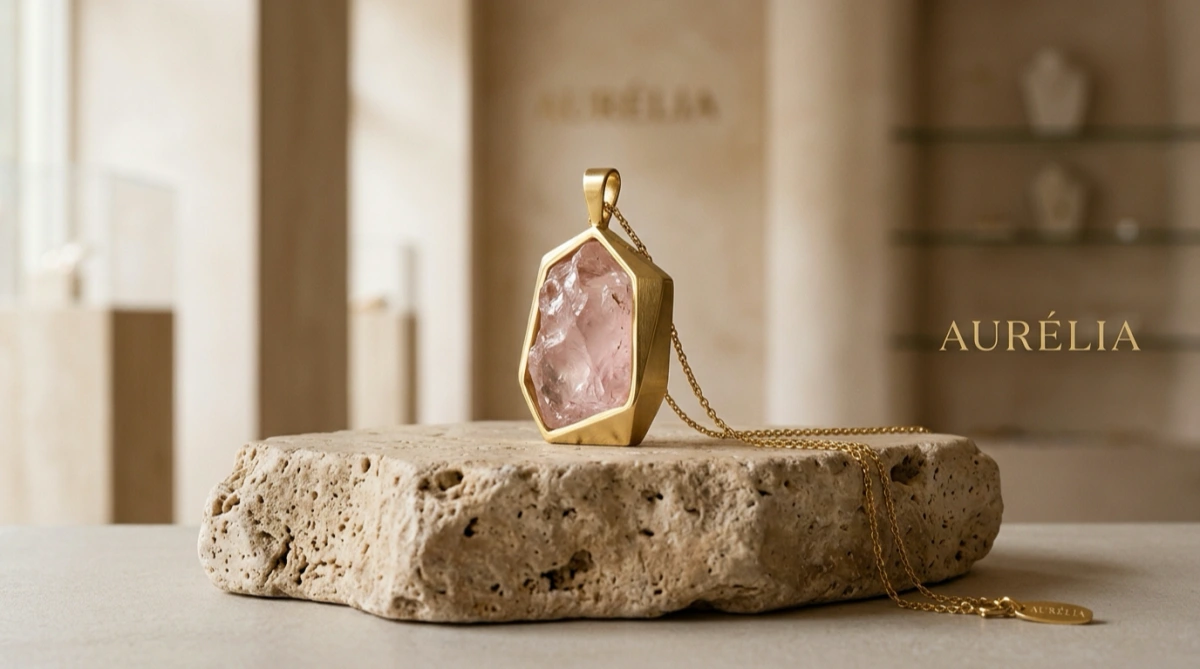 An architectural gold pendant with raw rose quartz, curated as premium crystal gifts for mothers for Mother's Day.