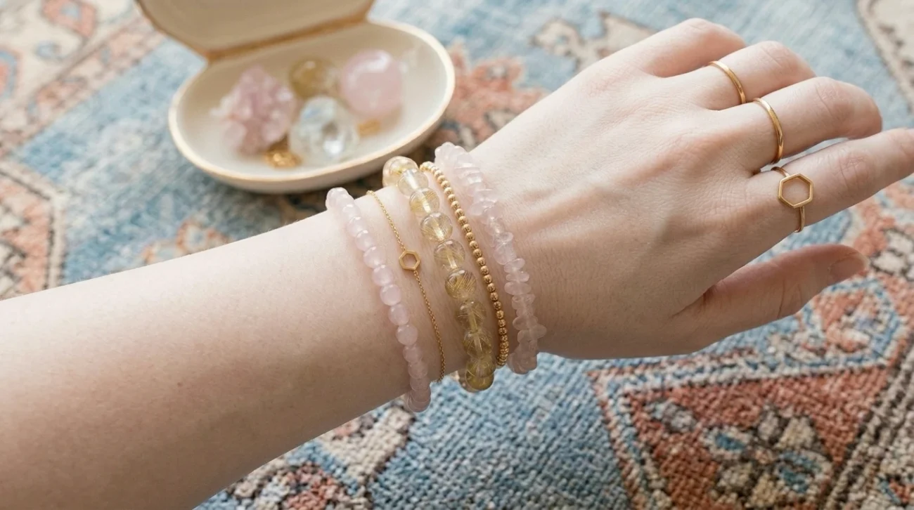 A professional closeup photograph on a pristine white background, demonstrating the sophisticated art of how to stack crystal bracelets including premium rose quartz and gold rutilated quartz strands on a model's wrist with gold geometric rings.