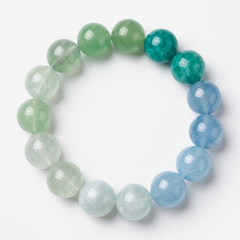 Natural Green Fluorite and Aquamarine bracelet for Heart Chakra healing by Dewery, featuring 14mm translucent crystal gemstone beads and a unique Snowflake Phantom Quartz structure.