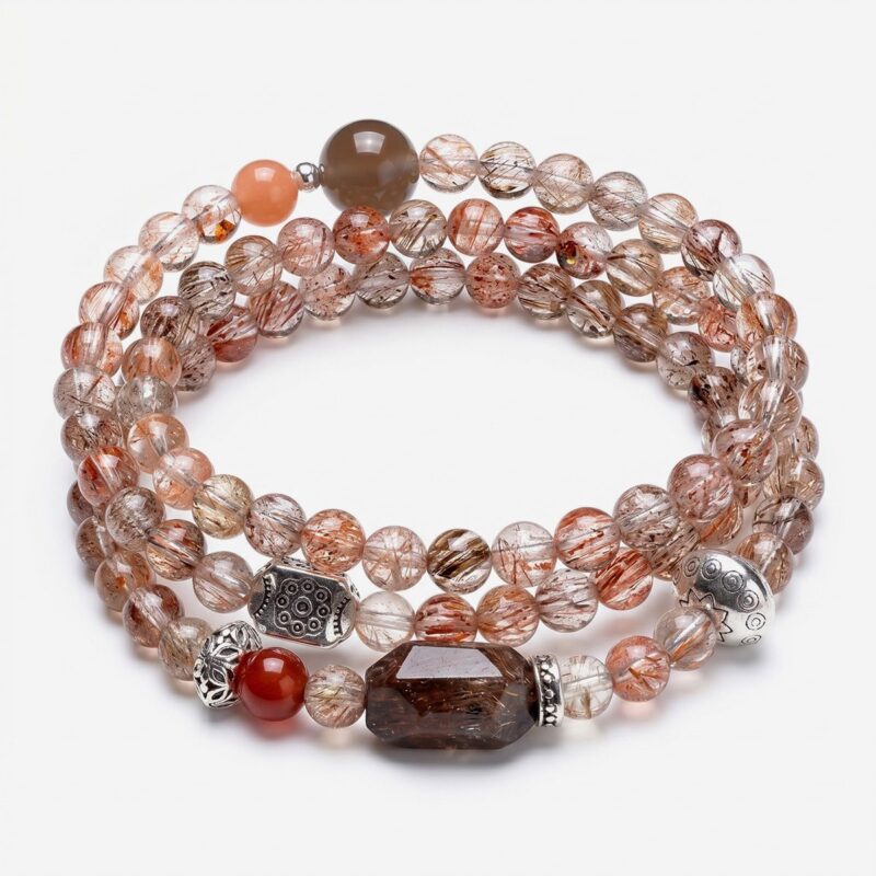 Multi-layer crystal wrap bracelet featuring 4-5mm natural rutilated quartz beads blended with a red agate accent and a shimmering grey moonstone.