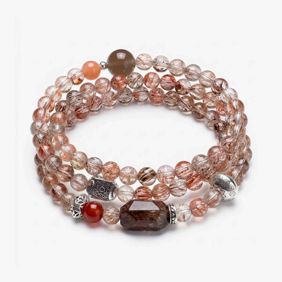 Multi-layer crystal wrap bracelet featuring 4-5mm natural rutilated quartz beads blended with a red agate accent and a shimmering grey moonstone.