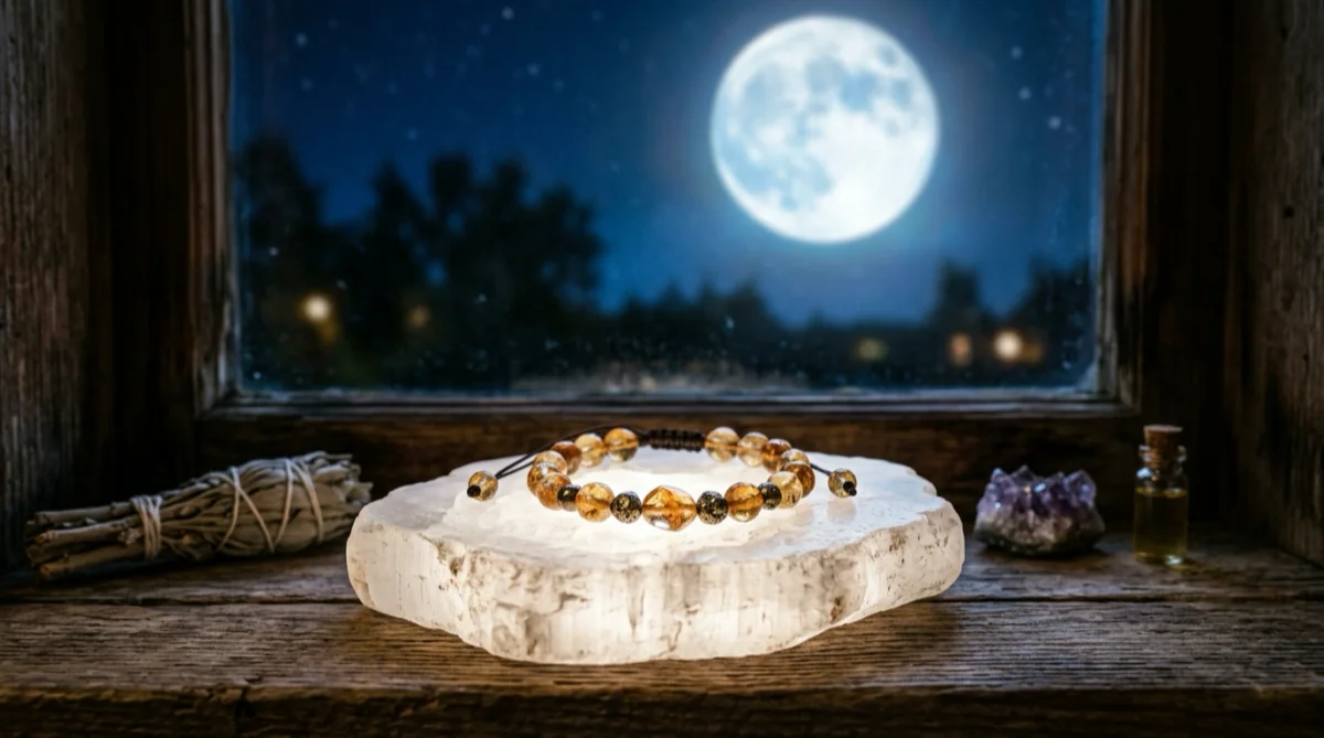 cleansing wealth crystal bracelet under moonlight on selenite