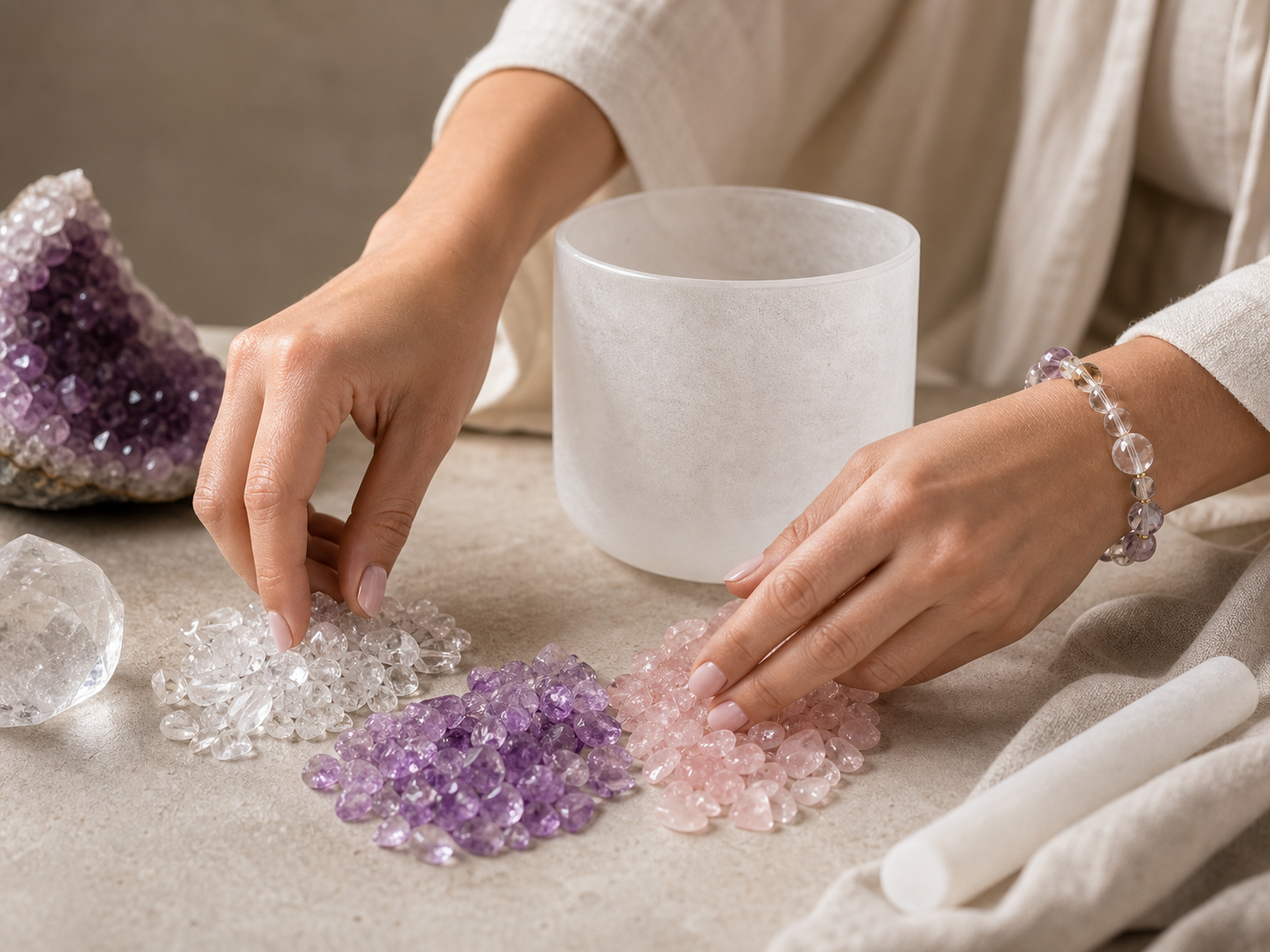 Crushed stones meditation ritual arranged around a crystal bowl for calming energy