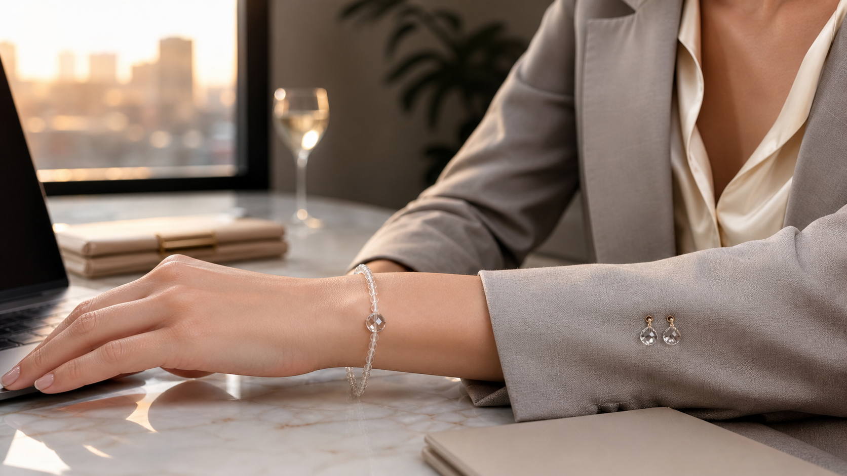 Home Jewellery 51 Minimalist crystal jewelry bracelet styled with a professional wardrobe from desk to dinner