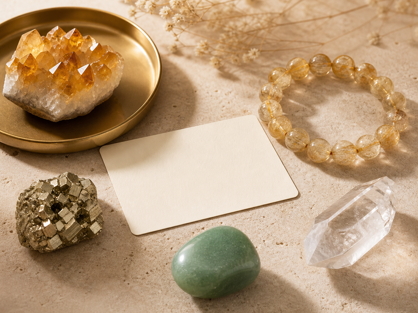 Prosperity crystals ritual set with citrine pyrite green aventurine clear quartz and golden rutilated quartz bracelet