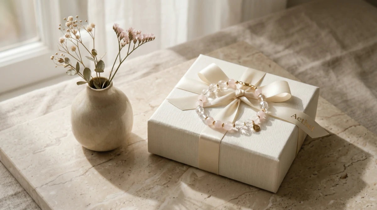 Home Jewellery 58 A premium rose quartz and clear quartz crystal bracelet for her placed on an elegant ivory birthday gift box under natural light.