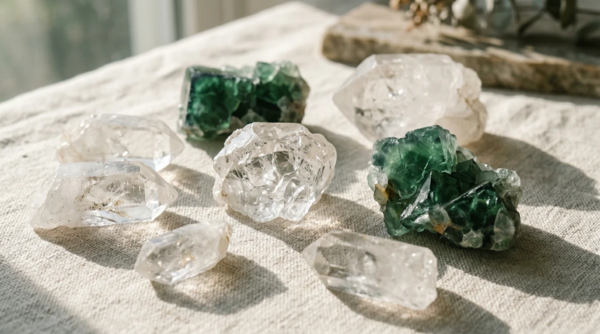 Home Jewellery 59 Responsibly sourced crystals including raw clear quartz and green fluorite for Dewery minimalist jewelry design.
