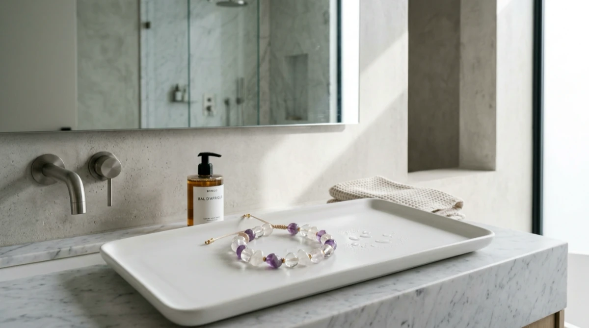 Home Jewellery 54 An optimized features image with a minimalist and sophisticated vibe, suitable for a Google Shopping ad, introducing the Dewery Water Safe Crystals guide.