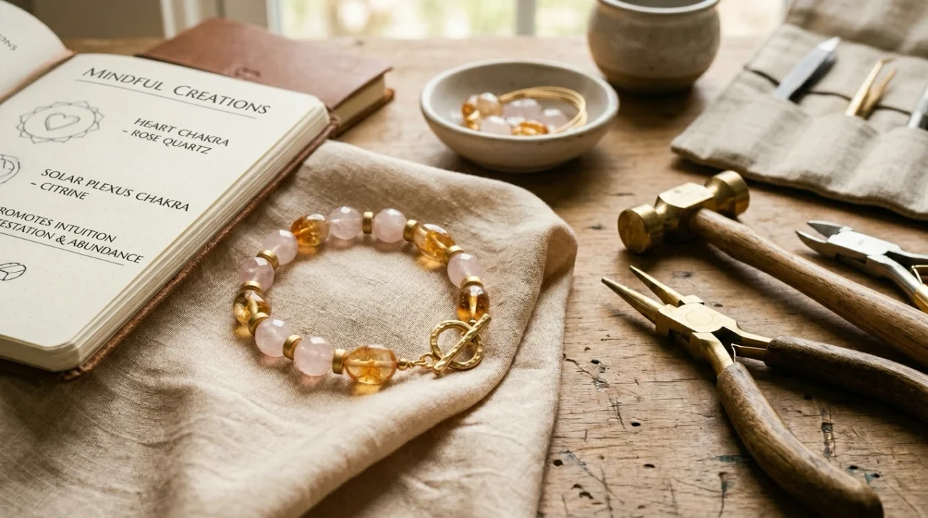 Handcrafted rose quartz jewelry and citrine crystal meaning shown through pink and gold crystals for mindful color therapy