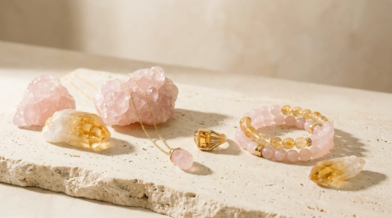 Pink and gold crystals for color therapy with rose quartz jewelry and citrine crystal meaning in a luxury minimalist studio setting