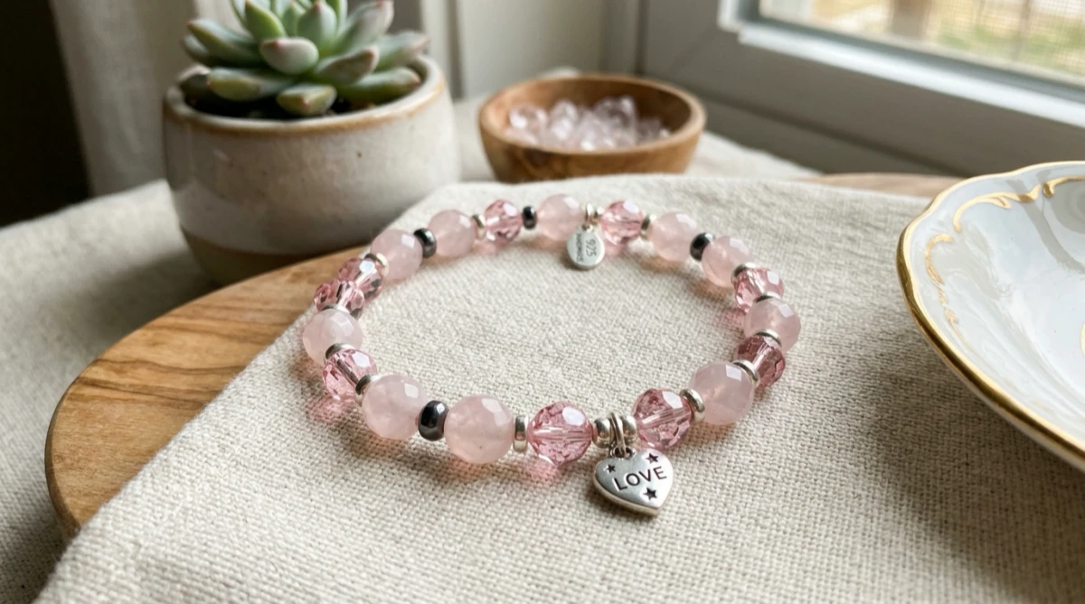 A detailed photograph of a delicate rose quartz self-compassion bracelet, featuring smooth pink rose quartz beads and darker metallic hematite spheres, rests on a light-colored linen cloth. The bracelet includes sparkling pink faceted glass accents and two metal charms: one cylindrical with text, and a larger heart-shaped charm engraved with 'LOVE' and small stars. It is presented on a wooden tray alongside a potted succulent and a small wooden bowl filled with matching rose quartz chips, creating a scene of tranquil rose quartz self-compassion and gentle energy.